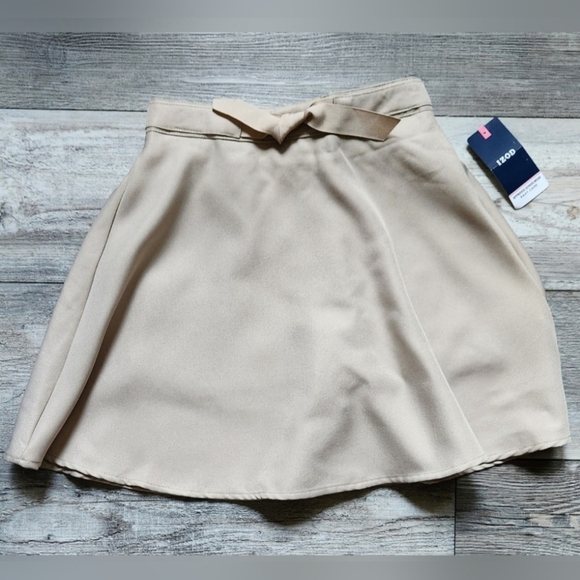 Izod Girl's Elastic Waist Belted Khaki Scooter Skirt. - Picture 2 of 5